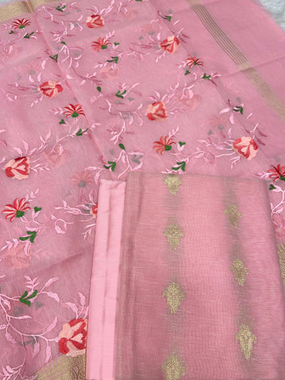Pink Linen Silk Floral Zari Booti with Embroidery Jaal Dupatta Banarasi Suit 11SKL_LNE4