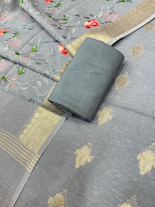Grey Linen Silk Floral Zari Booti with Embroidery Jaal Dupatta Banarasi Suit 11SKL_LNE5