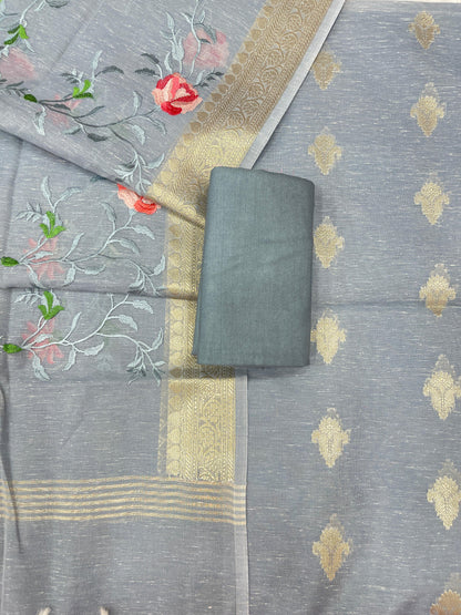 Grey Linen Silk Floral Zari Booti with Embroidery Jaal Dupatta Banarasi Suit 11SKL_LNE5
