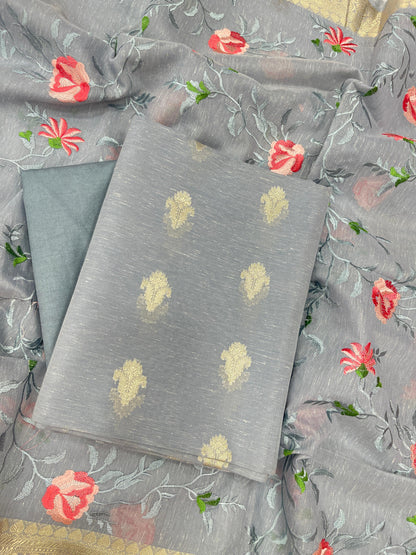 Grey Linen Silk Floral Zari Booti with Embroidery Jaal Dupatta Banarasi Suit 11SKL_LNE5