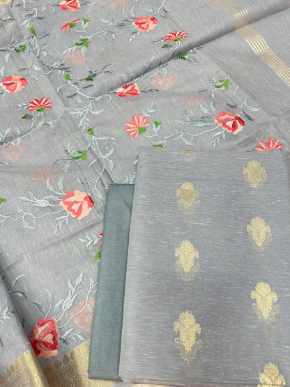 Grey Linen Silk Floral Zari Booti with Embroidery Jaal Dupatta Banarasi Suit 11SKL_LNE5