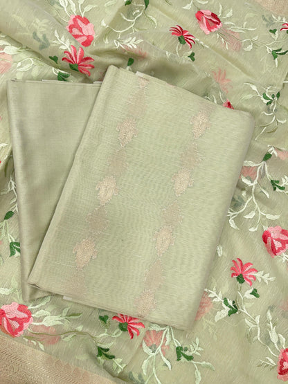 Lime Yellow Linen Silk Floral Zari Booti with Embroidery Jaal Dupatta Banarasi Suit 11SKL_LNE6