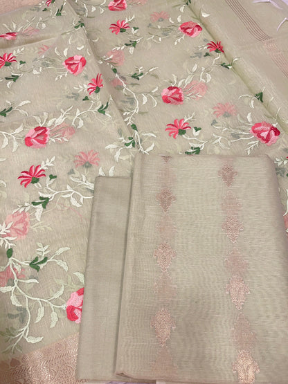 Lime Yellow Linen Silk Floral Zari Booti with Embroidery Jaal Dupatta Banarasi Suit 11SKL_LNE6