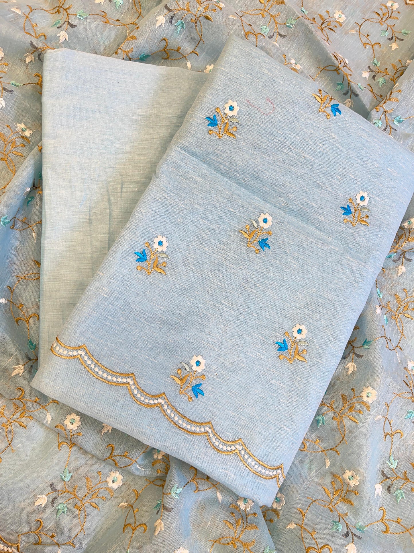Light Blue Linen Silk Resham Booti Banarasi Suit with Embroidery Dupatta 11SKL_LNEM2