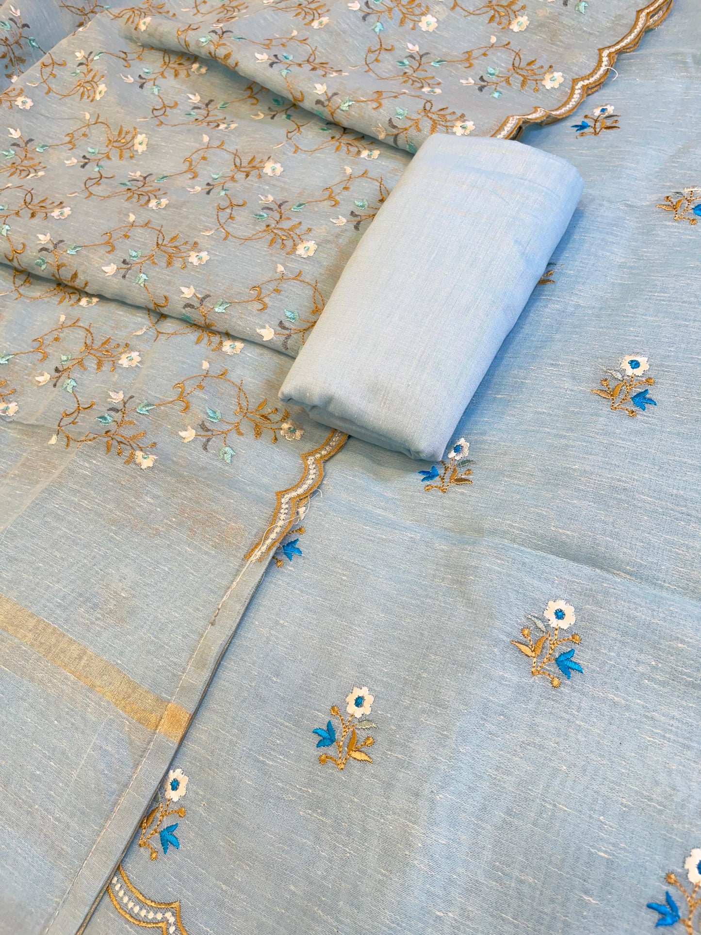 Light Blue Linen Silk Resham Booti Banarasi Suit with Embroidery Dupatta 11SKL_LNEM2
