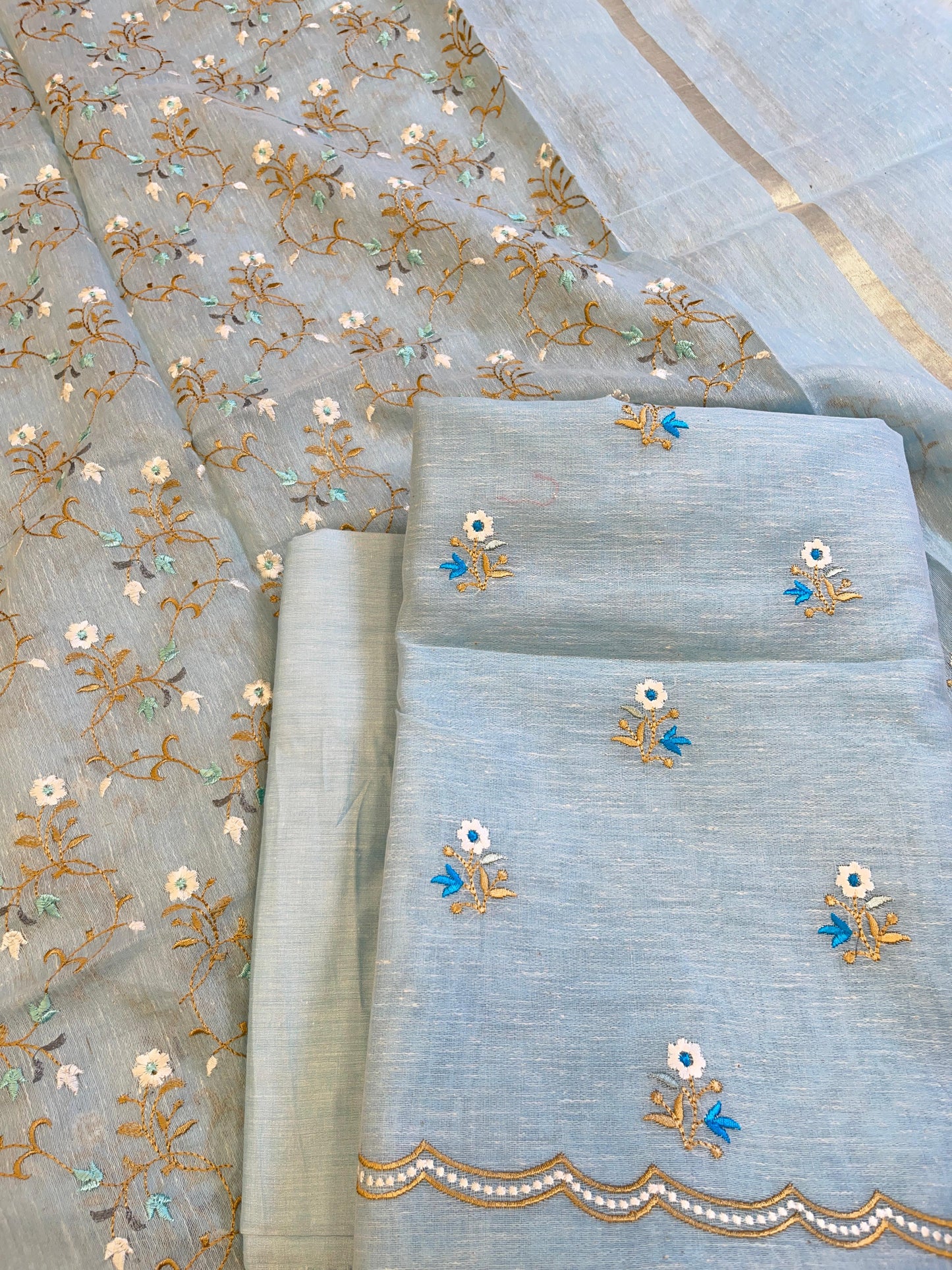 Light Blue Linen Silk Resham Booti Banarasi Suit with Embroidery Dupatta 11SKL_LNEM2