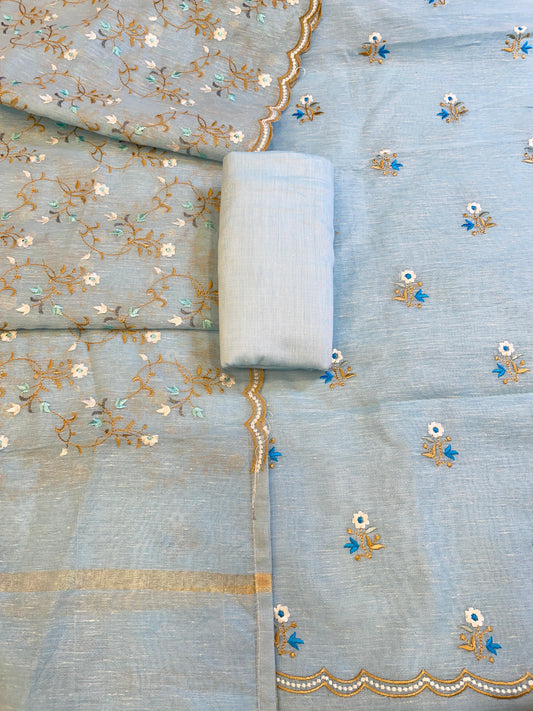 Light Blue Linen Silk Resham Booti Banarasi Suit with Embroidery Dupatta 11SKL_LNEM2
