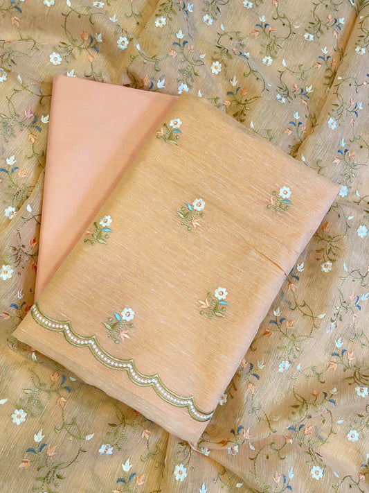 Peach Linen Silk Resham Booti Banarasi Suit with Embroidery Dupatta 11SKL_LNEM3