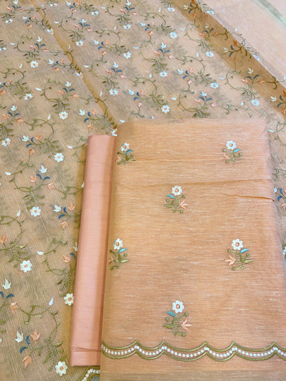 Peach Linen Silk Resham Booti Banarasi Suit with Embroidery Dupatta 11SKL_LNEM3