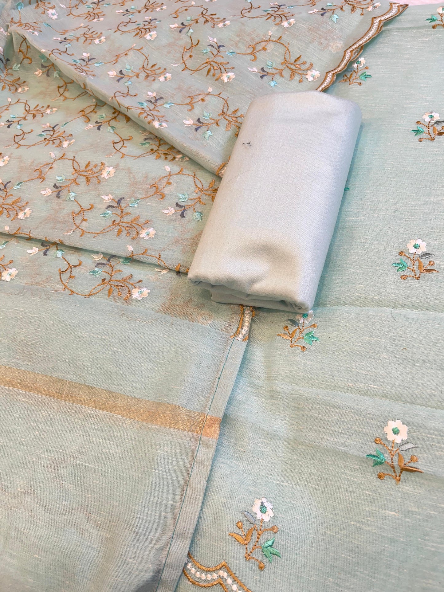 Seagreen Linen Silk Resham Booti Banarasi Suit with Embroidery Dupatta 11SKL_LNEM4
