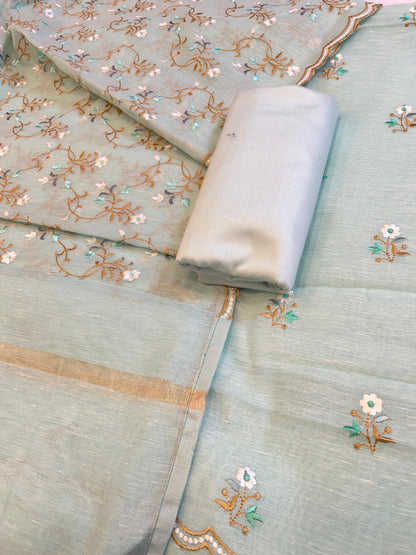 Seagreen Linen Silk Resham Booti Banarasi Suit with Embroidery Dupatta 11SKL_LNEM4