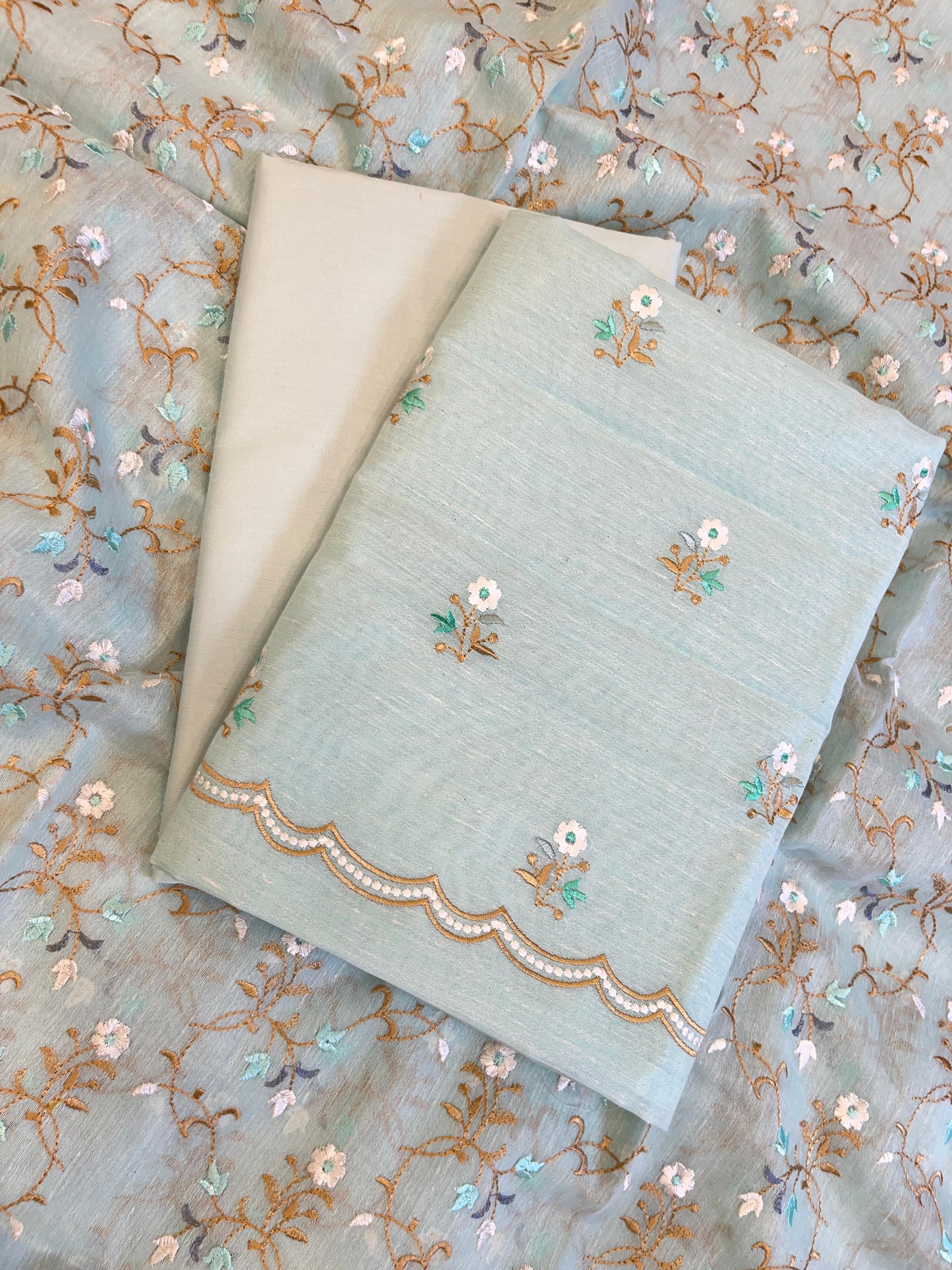 Seagreen Linen Silk Resham Booti Banarasi Suit with Embroidery Dupatta 11SKL_LNEM4