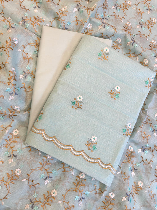 Seagreen Linen Silk Resham Booti Banarasi Suit with Embroidery Dupatta 11SKL_LNEM4