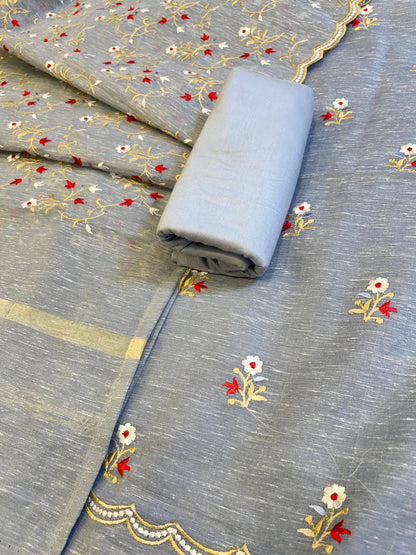 Grey Linen Silk Resham Booti Banarasi Suit with Embroidery Dupatta 11SKL_LNEM5