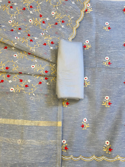 Grey Linen Silk Resham Booti Banarasi Suit with Embroidery Dupatta 11SKL_LNEM5