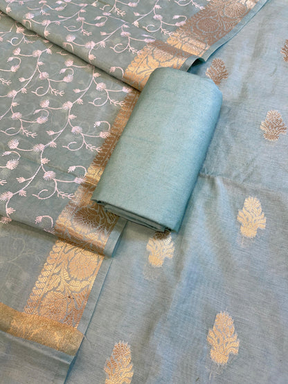 Light Blue Mercerise Silk Floral Zari Booti with Embroidery Dupatta Banarasi Suit 11SKL_MSRS7