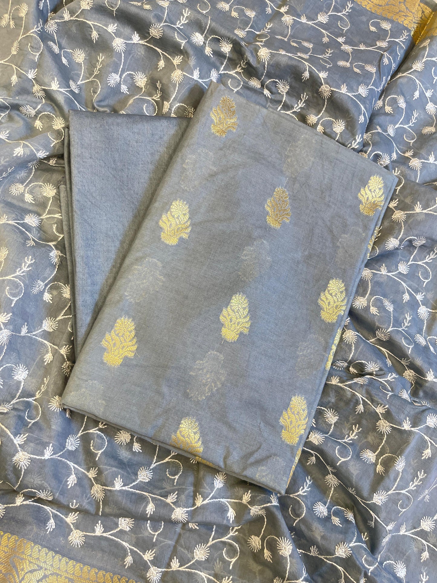 Grey Mercerise Silk Floral Zari Booti with Embroidery Dupatta Banarasi Suit 11SKL_MSRS10