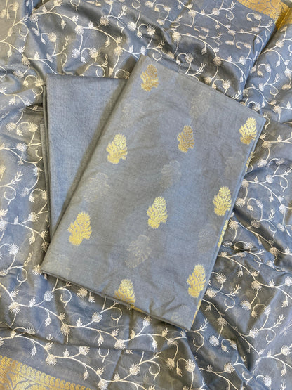 Grey Mercerise Silk Floral Zari Booti with Embroidery Dupatta Banarasi Suit 11SKL_MSRS10