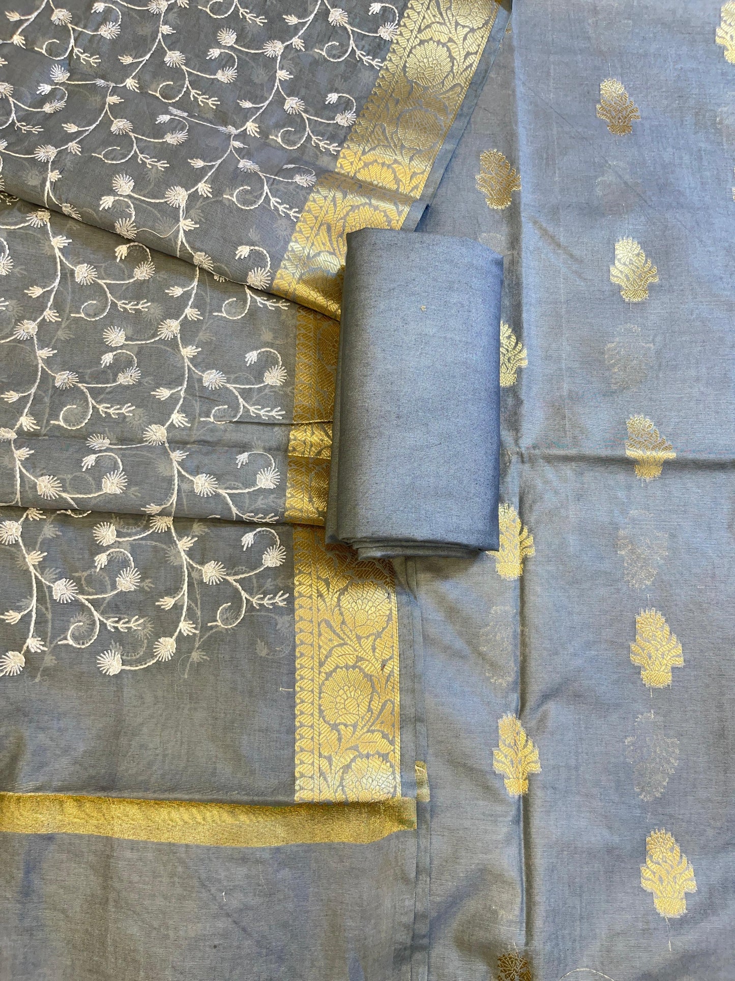 Grey Mercerise Silk Floral Zari Booti with Embroidery Dupatta Banarasi Suit 11SKL_MSRS10