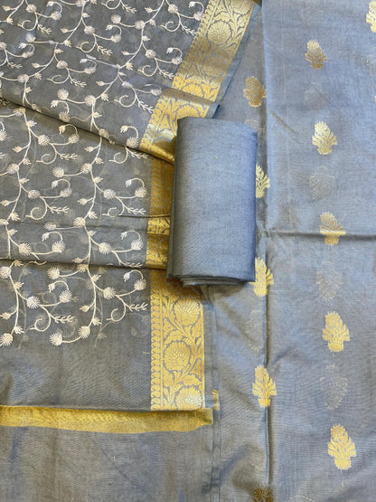 Grey Mercerise Silk Floral Zari Booti with Embroidery Dupatta Banarasi Suit 11SKL_MSRS10
