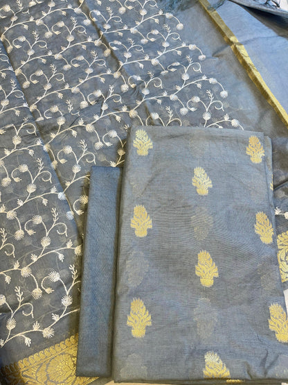 Grey Mercerise Silk Floral Zari Booti with Embroidery Dupatta Banarasi Suit 11SKL_MSRS10
