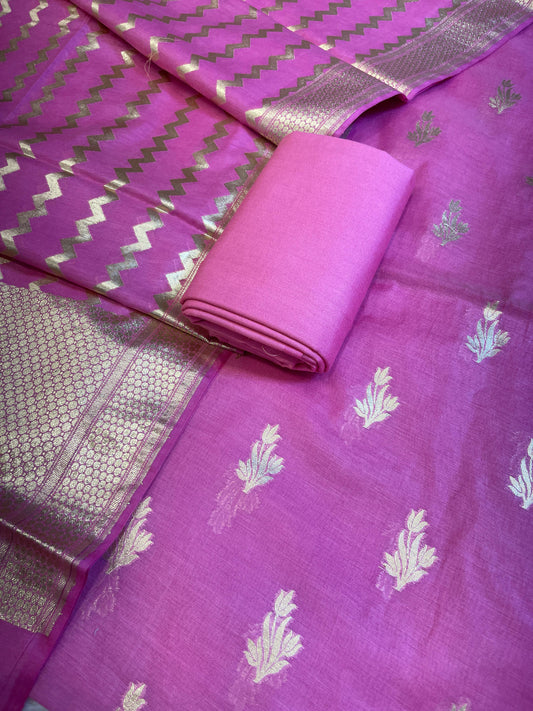 Magenta Mercerise Silk Floral Zari Booti with Zig-Zag Dupatta Banarasi Suit 11SKL_MSRS1
