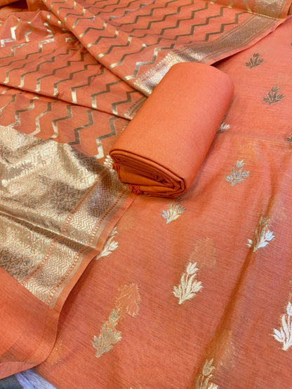 Peach Mercerise Silk Floral Zari Booti with Zig-Zag Dupatta Banarasi Suit 11SKL_MSRS2