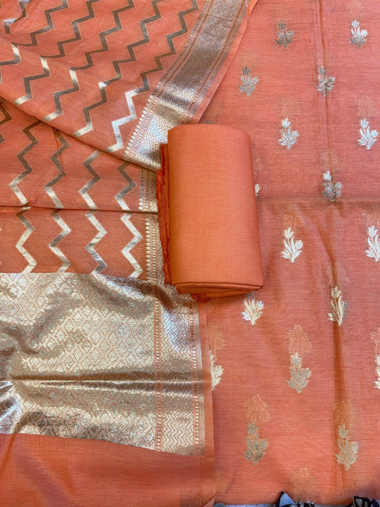 Peach Mercerise Silk Floral Zari Booti with Zig-Zag Dupatta Banarasi Suit 11SKL_MSRS2