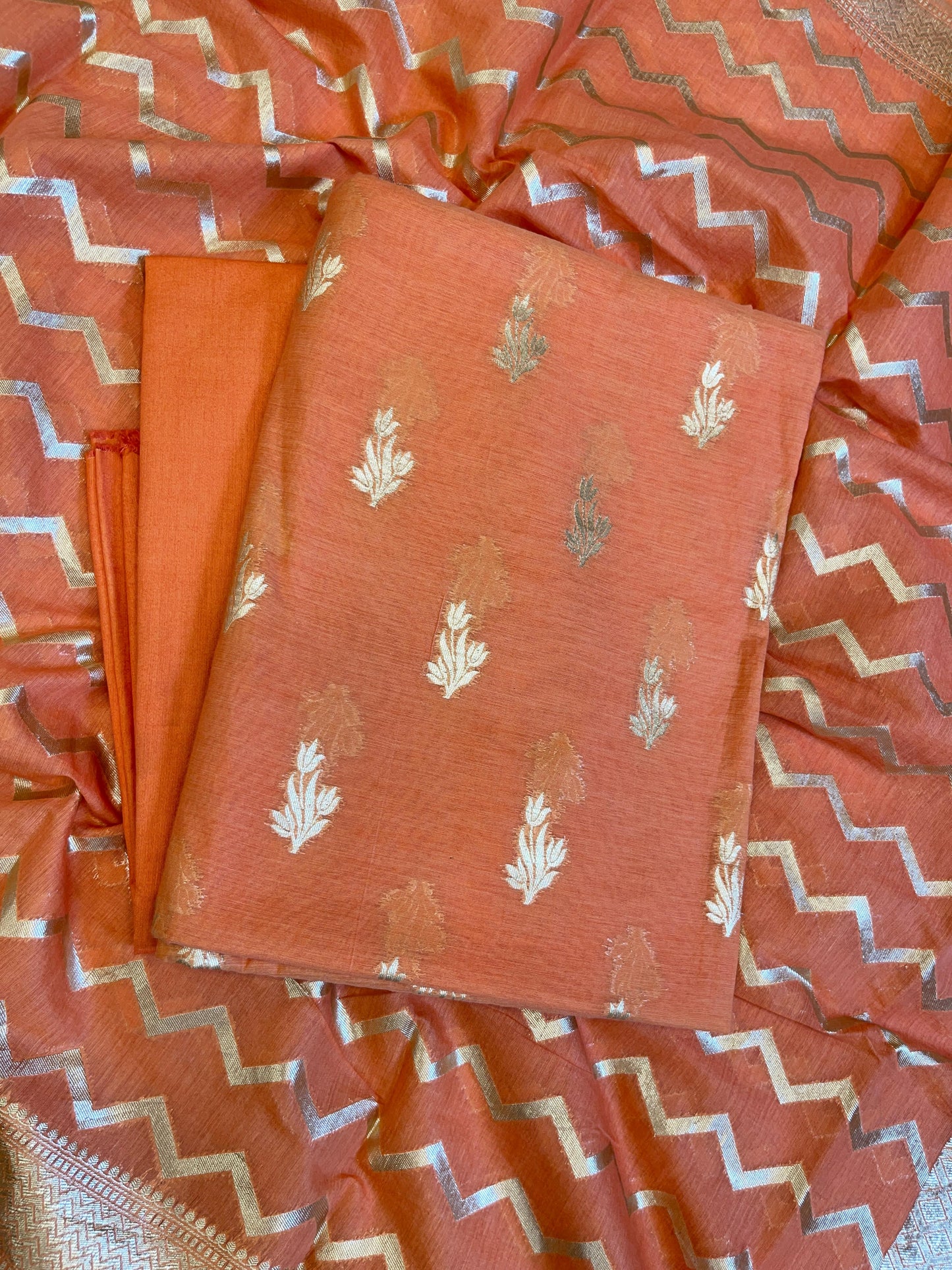 Peach Mercerise Silk Floral Zari Booti with Zig-Zag Dupatta Banarasi Suit 11SKL_MSRS2