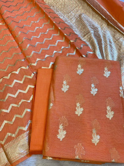 Peach Mercerise Silk Floral Zari Booti with Zig-Zag Dupatta Banarasi Suit 11SKL_MSRS2
