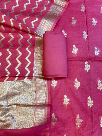 Dark Pink Mercerise Silk Floral Zari Booti with Zig-Zag Dupatta Banarasi Suit 11SKL_MSRS3