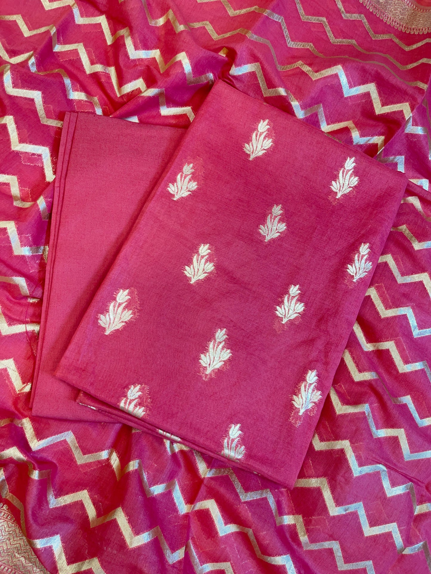 Dark Pink Mercerise Silk Floral Zari Booti with Zig-Zag Dupatta Banarasi Suit 11SKL_MSRS3