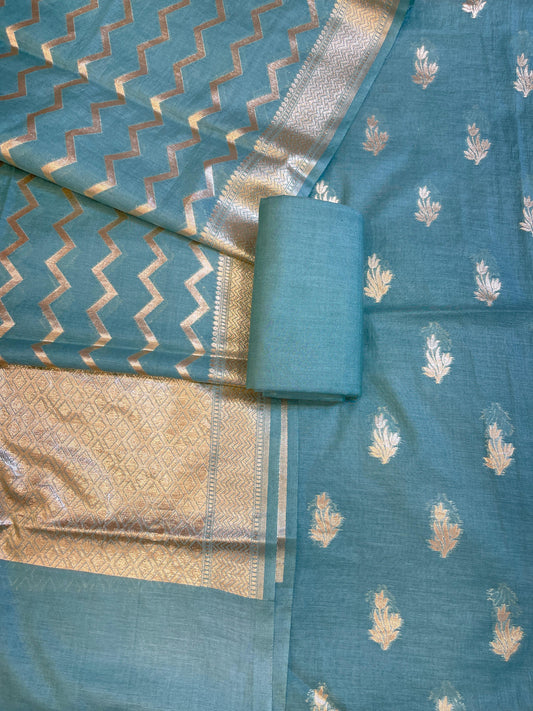 Seagreen Mercerise Silk Floral Zari Booti with Zig-Zag Dupatta Banarasi Suit 11SKL_MSRS4