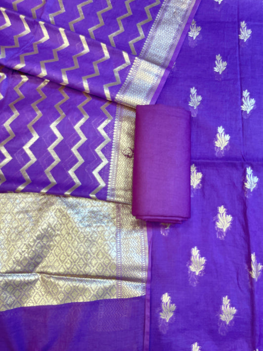 Purple Mercerise Silk Floral Zari Booti with Zig-Zag Dupatta Banarasi Suit 11SKL_MSRS5