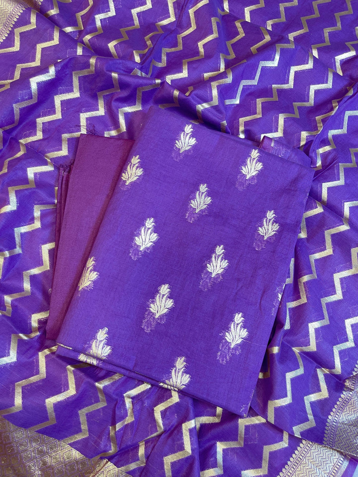 Purple Mercerise Silk Floral Zari Booti with Zig-Zag Dupatta Banarasi Suit 11SKL_MSRS5