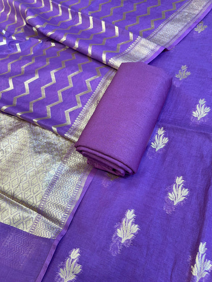Purple Mercerise Silk Floral Zari Booti with Zig-Zag Dupatta Banarasi Suit 11SKL_MSRS5