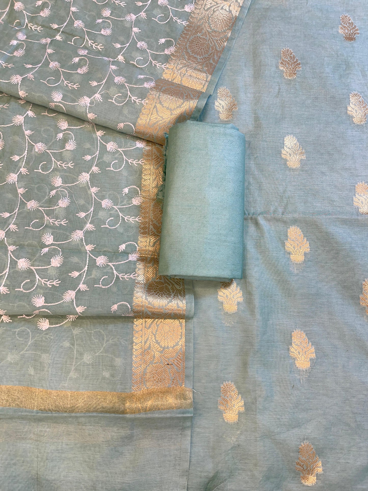Light Blue Mercerise Silk Floral Zari Booti with Embroidery Dupatta Banarasi Suit 11SKL_MSRS7