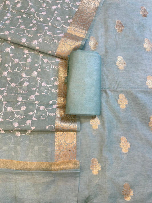 Light Blue Mercerise Silk Floral Zari Booti with Embroidery Dupatta Banarasi Suit 11SKL_MSRS7