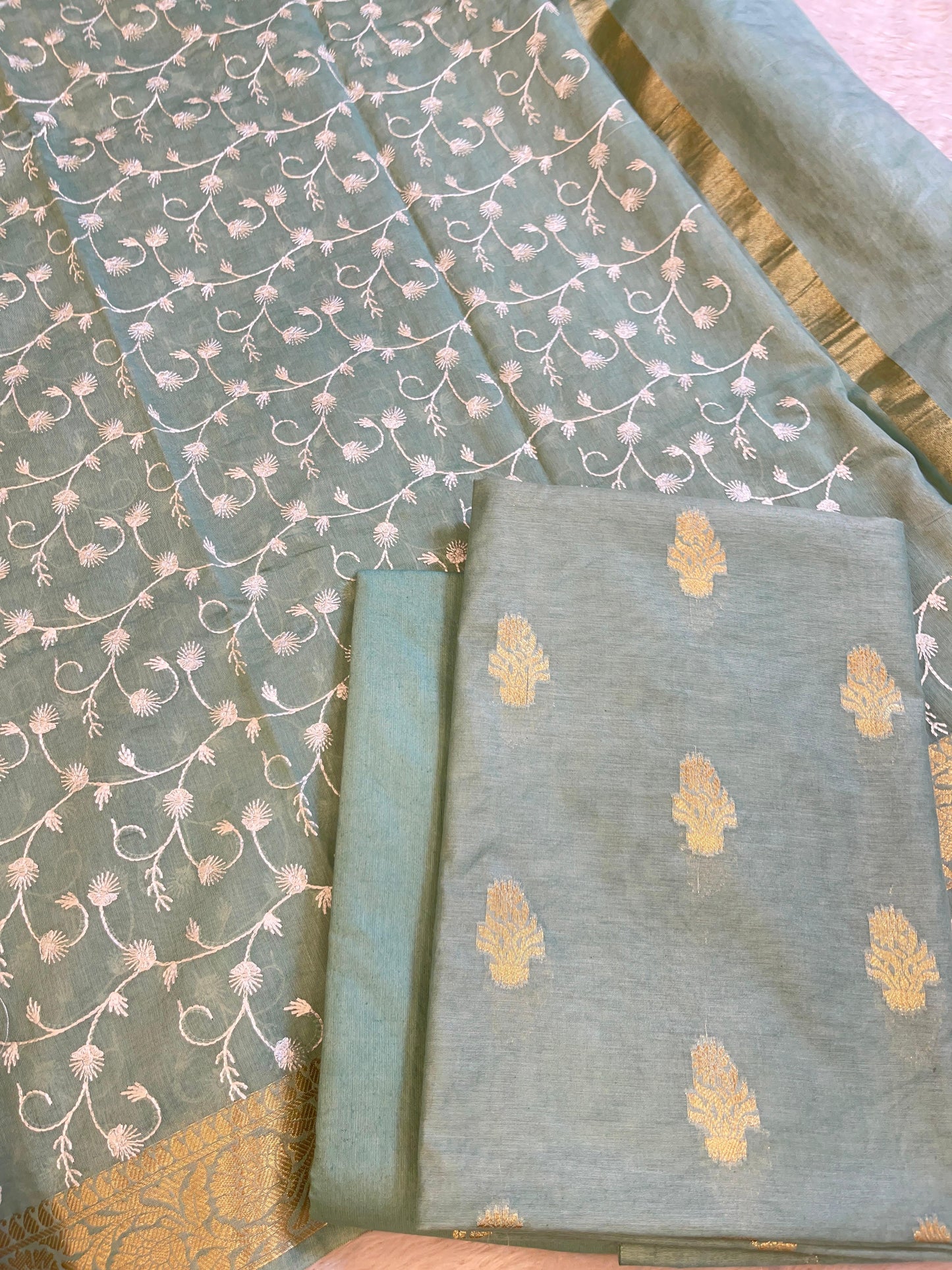 Light Blue Mercerise Silk Floral Zari Booti with Embroidery Dupatta Banarasi Suit 11SKL_MSRS7