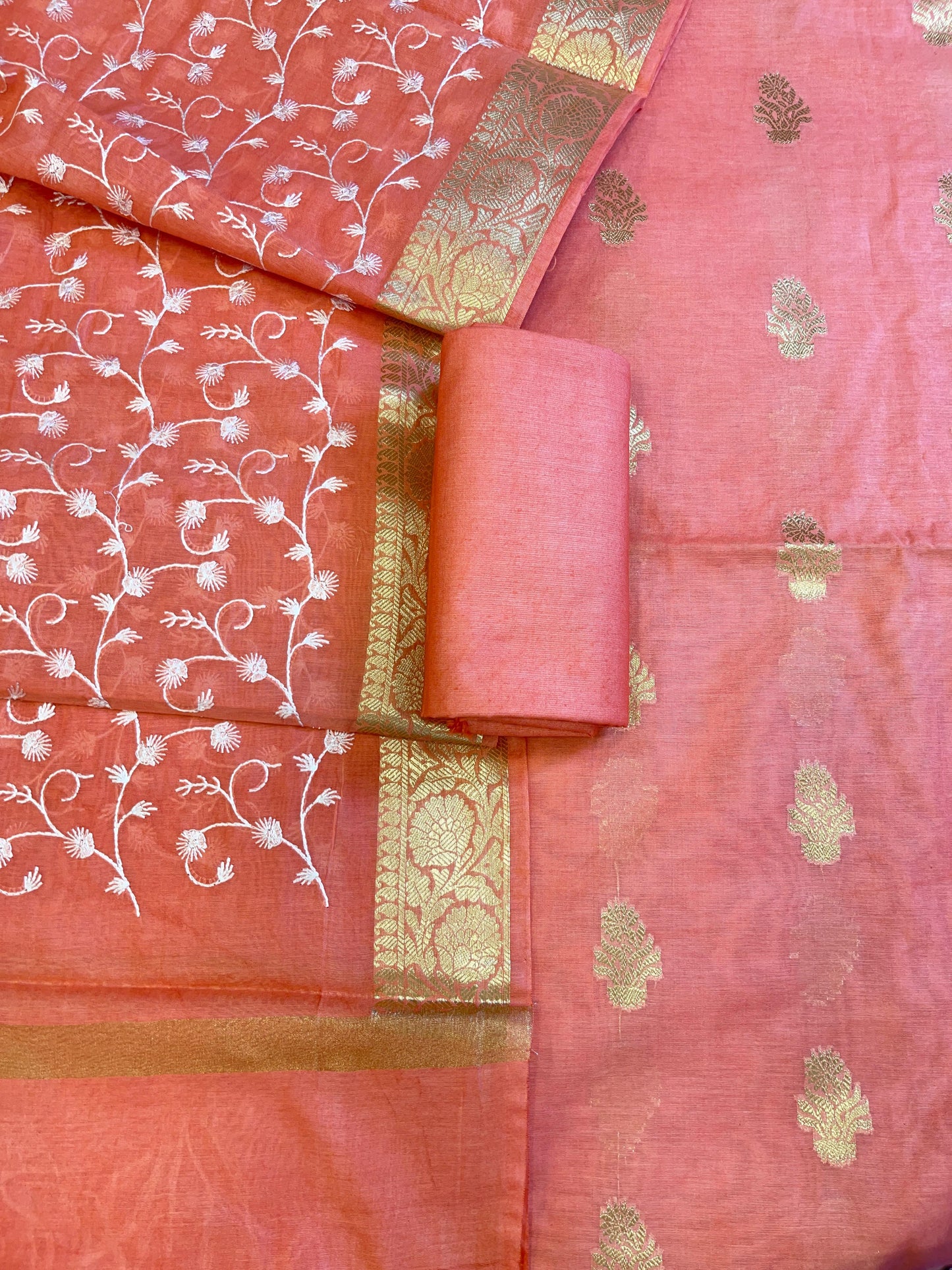 Peach Mercerise Silk Floral Zari Booti with Embroidery Dupatta Banarasi Suit 11SKL_MSRS8