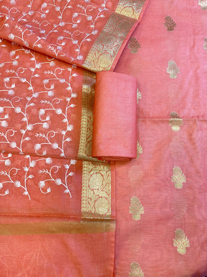 Peach Mercerise Silk Floral Zari Booti with Embroidery Dupatta Banarasi Suit 11SKL_MSRS8