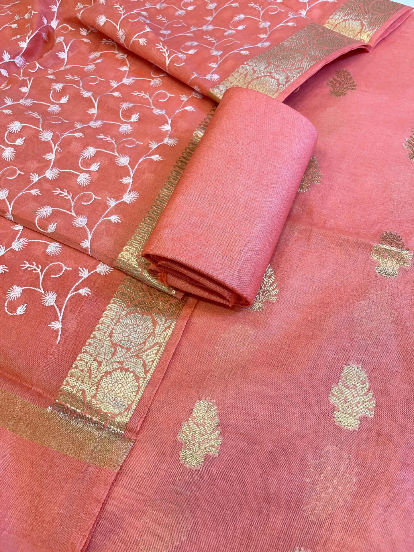 Peach Mercerise Silk Floral Zari Booti with Embroidery Dupatta Banarasi Suit 11SKL_MSRS8