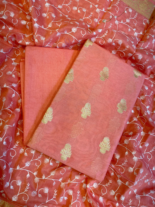 Peach Mercerise Silk Floral Zari Booti with Embroidery Dupatta Banarasi Suit 11SKL_MSRS8