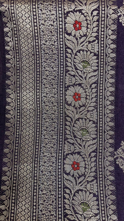 Royal Elegance: Faishana Pure Silk Handlom Navy Blue Munga Silk Zari Mina Booti Saree with Minakari Jaal Anchal Zari Border Paired with a Matching Blouse Piece
