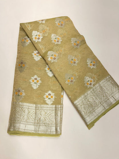 Faishana Elegance: Faishana's Pure Silk Handloom Olive Crush Tissue Zari Minakari Booti with Zari Border and matching Olive Blouse Piece