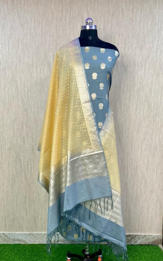 Grey Pure Mercerise Lorex Contrast Yellow Dupatta Banarasi Suit 1200SKL_PML7