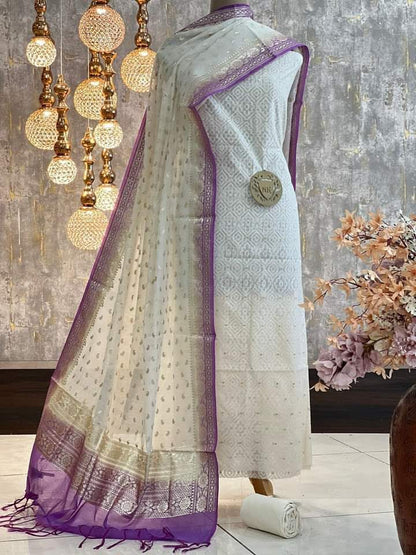 Off white resham weave Banarasi Suit & Lorex Contrast Border Purple Dupatta 1200SKL_BM1