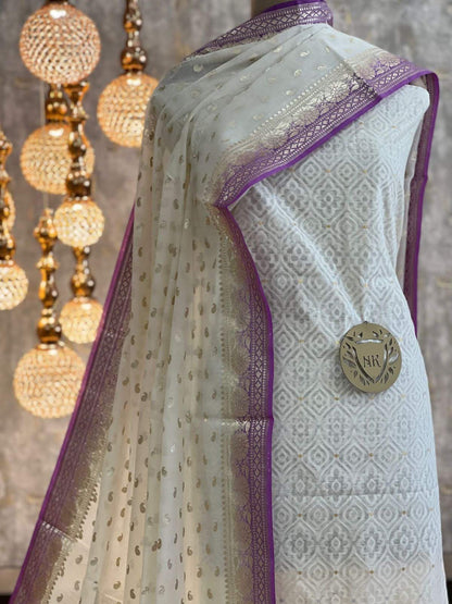 Off white resham weave Banarasi Suit & Lorex Contrast Border Purple Dupatta 1200SKL_BM1