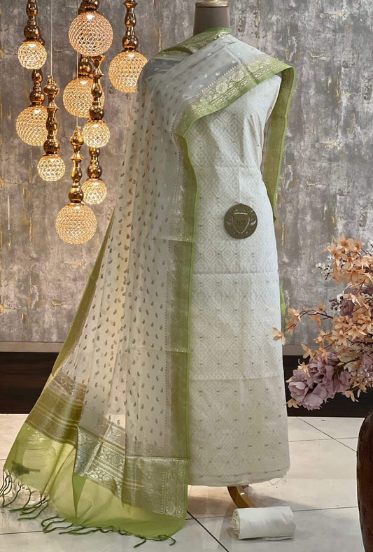 Off white resham weave Banarasi Suit & Lorex Contrast Border Mehndi Green Dupatta 1200SKL_BM2