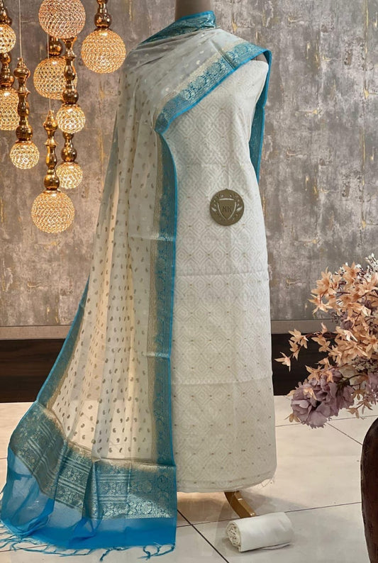 Off white resham weave Banarasi Suit & Lorex Contrast Border Sky Blue Dupatta 1200SKL_BM3